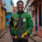 Comoros Sleeve Zip Bomber Jacket - Green Black Yellow Swirl Design and National Emblem Pattern