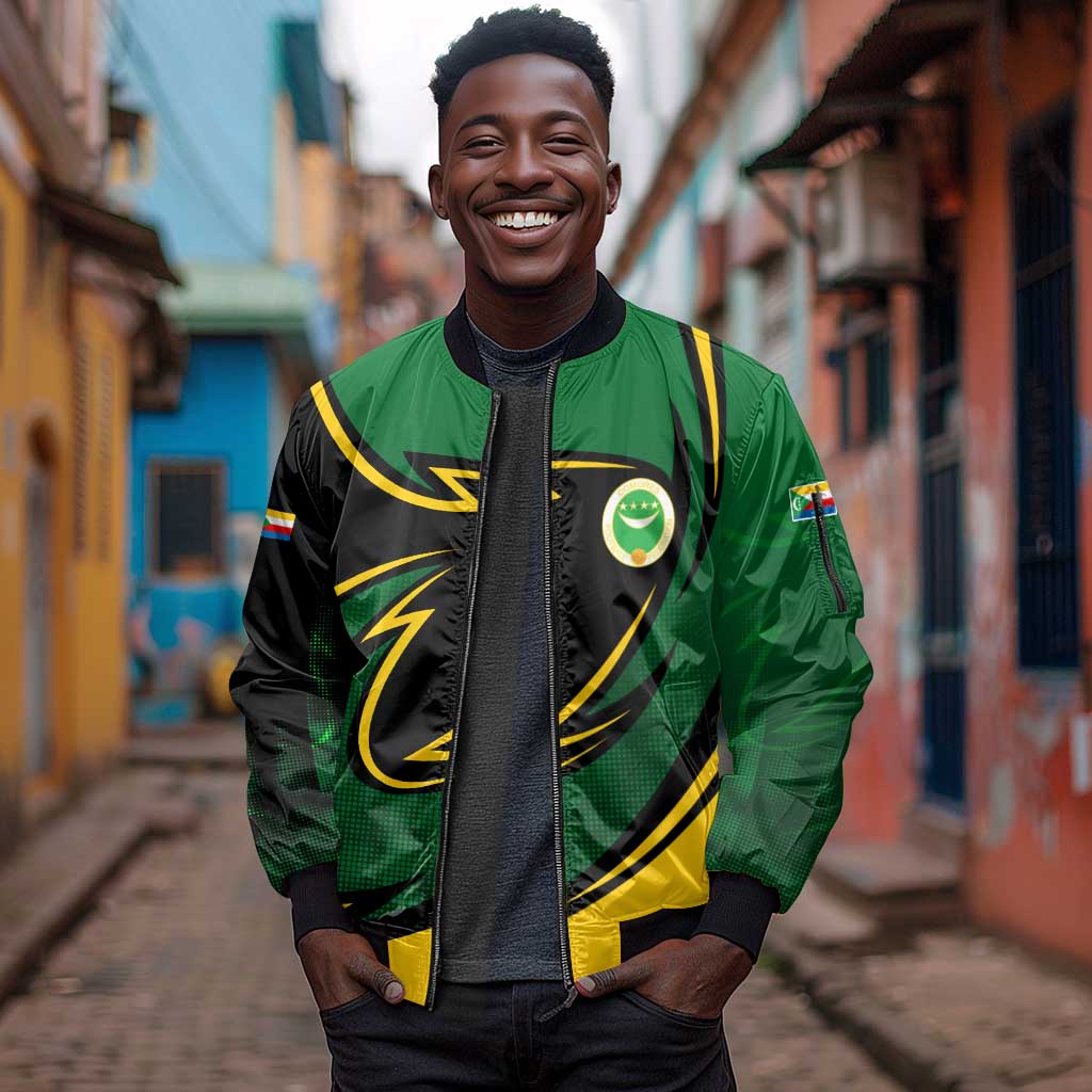 Comoros Sleeve Zip Bomber Jacket - Green Black Yellow Swirl Design and National Emblem Pattern