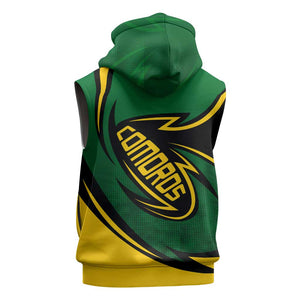 Comoros Sleeveless Hoodie - Green Black Yellow Swirl Design and National Emblem Pattern - African Pride