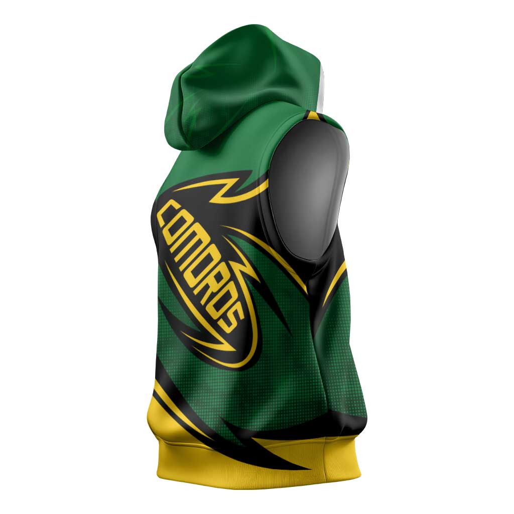 Comoros Sleeveless Hoodie - Green Black Yellow Swirl Design and National Emblem Pattern - African Pride