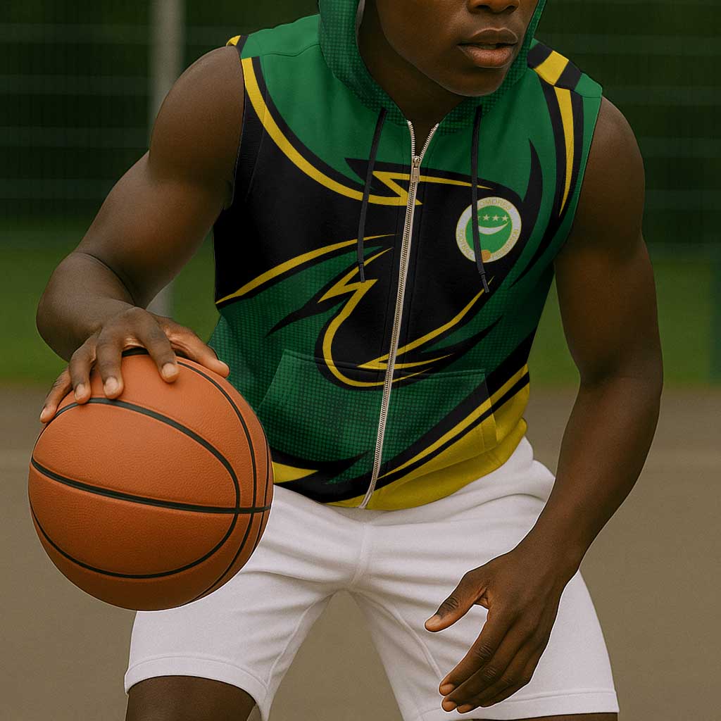 Comoros Sleeveless Zip Hoodie - Green Black Yellow Swirl Design and National Emblem Pattern - African Pride