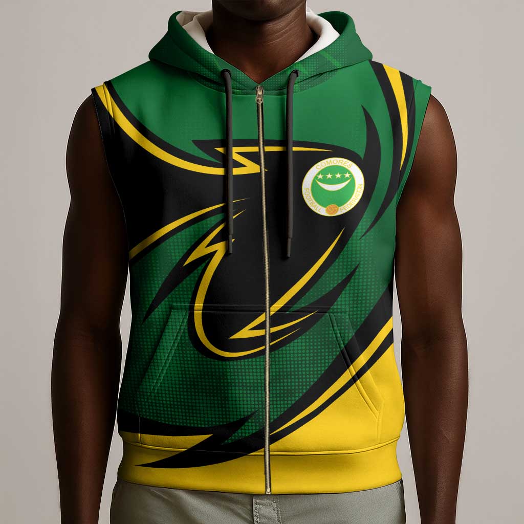 Comoros Sleeveless Zip Hoodie - Green Black Yellow Swirl Design and National Emblem Pattern - African Pride