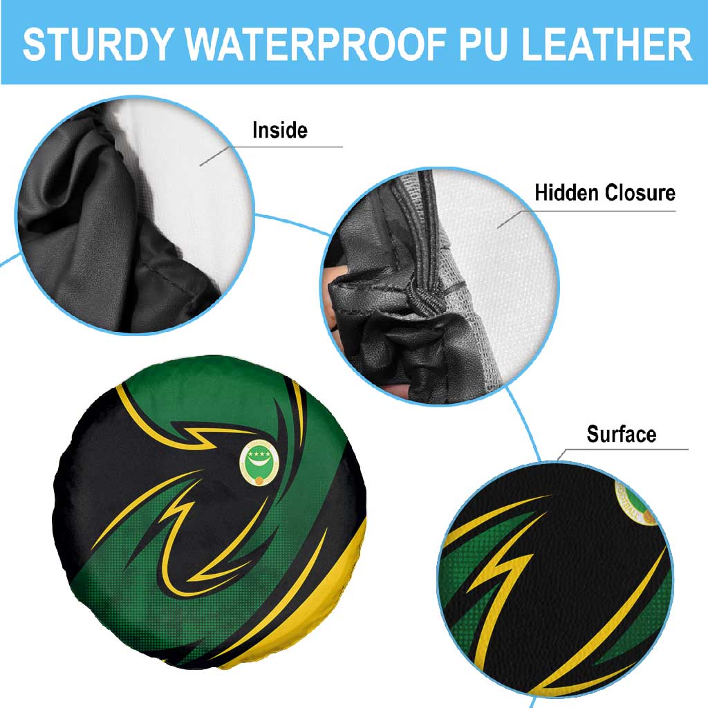 Comoros Spare Tire Cover - Green Black Yellow Swirl Design and National Emblem Pattern