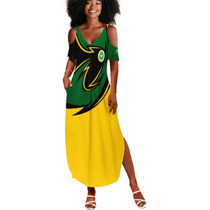 Comoros Summer Maxi Dress - Green Black Yellow Swirl Design and National Emblem Pattern