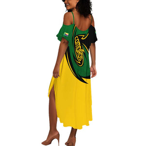 Comoros Summer Maxi Dress - Green Black Yellow Swirl Design and National Emblem Pattern