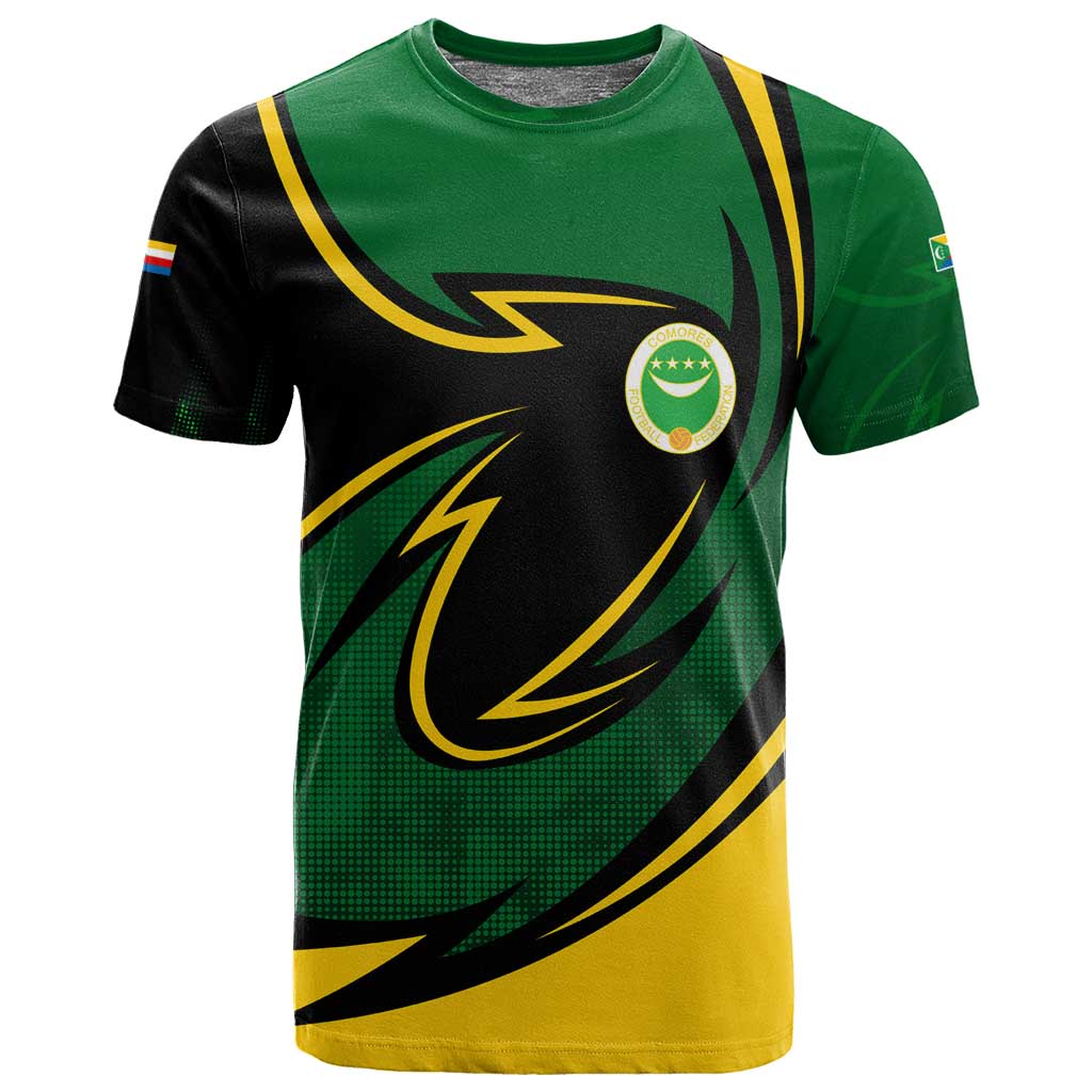 Comoros T shirt - Green Black Yellow Swirl Design and National Emblem Pattern