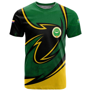 Comoros T shirt - Green Black Yellow Swirl Design and National Emblem Pattern
