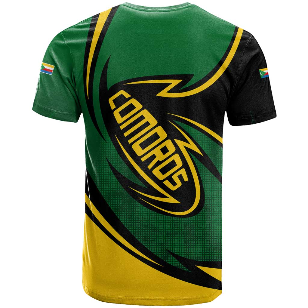 Comoros T shirt - Green Black Yellow Swirl Design and National Emblem Pattern