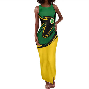 Comoros Tank Maxi Dress - Green Black Yellow Swirl Design and National Emblem Pattern