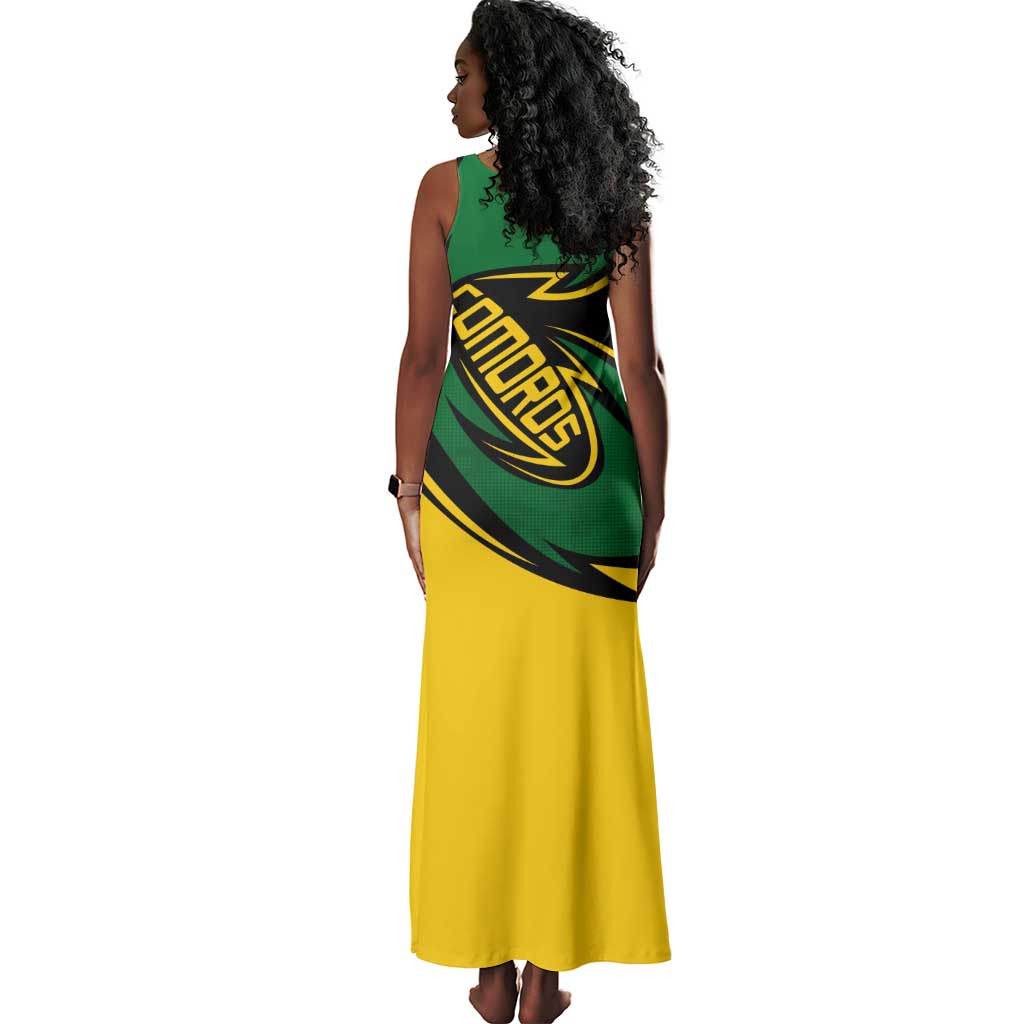 Comoros Tank Maxi Dress - Green Black Yellow Swirl Design and National Emblem Pattern