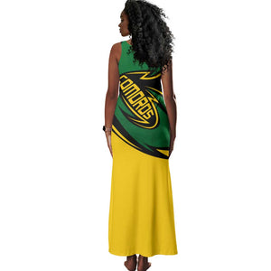 Comoros Tank Maxi Dress - Green Black Yellow Swirl Design and National Emblem Pattern
