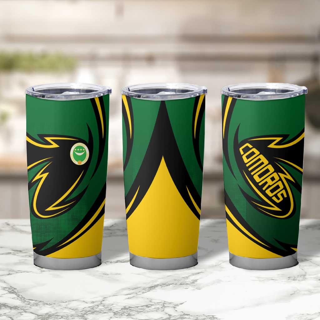 Comoros Tumbler Cup - Green Black Yellow Swirl Design and National Emblem Pattern