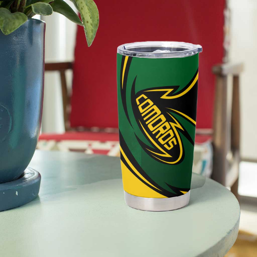 Comoros Tumbler Cup - Green Black Yellow Swirl Design and National Emblem Pattern