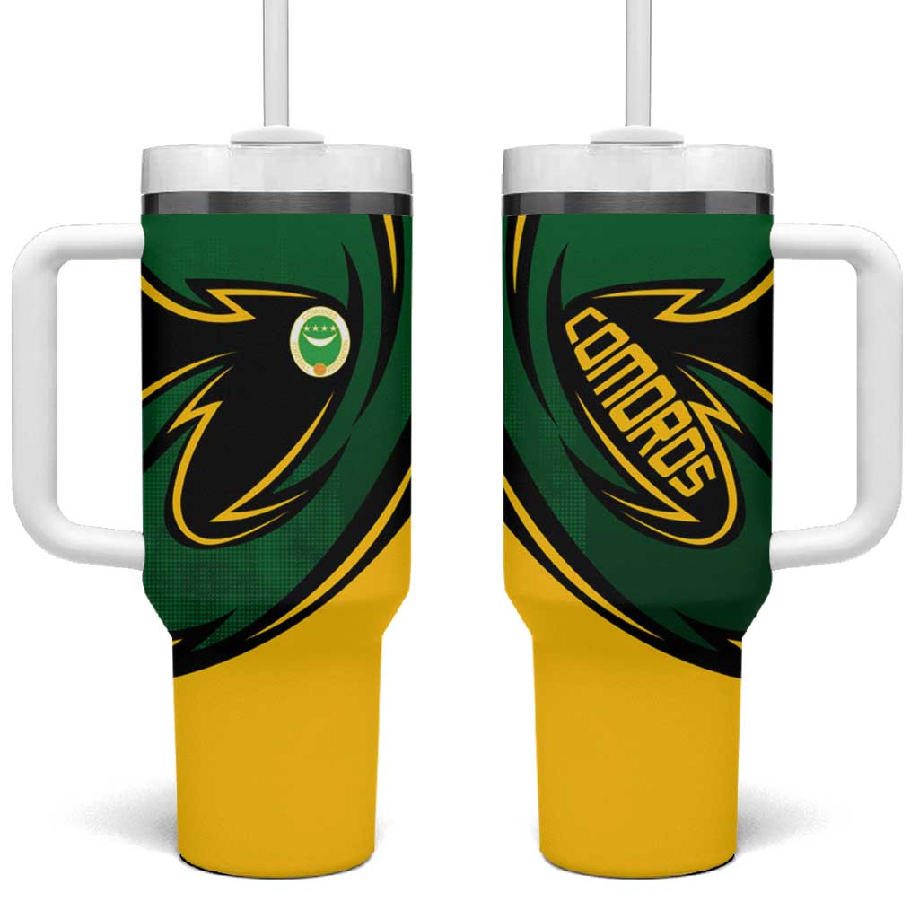 Comoros Tumbler With Handle - Green Black Yellow Swirl Design and National Emblem Pattern