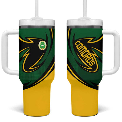 Comoros Tumbler With Handle - Green Black Yellow Swirl Design and National Emblem Pattern