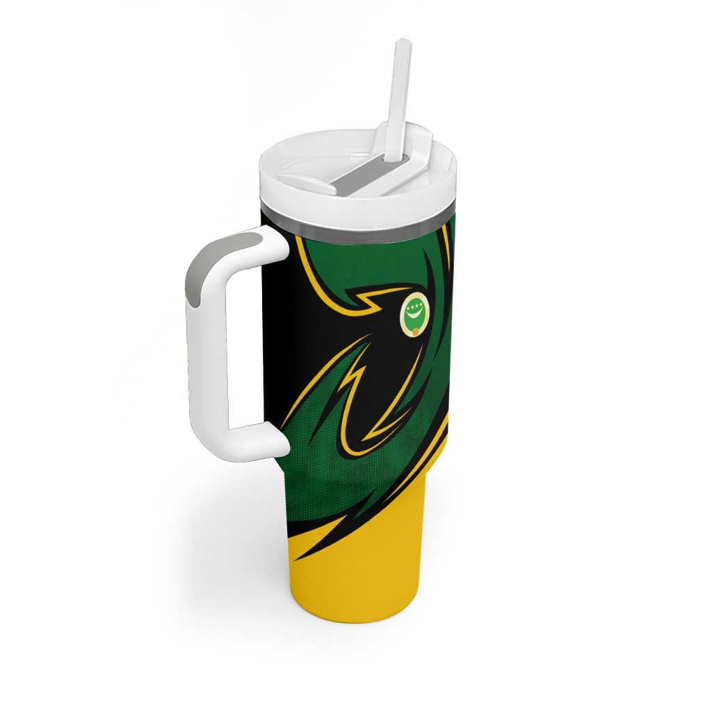 Comoros Tumbler With Handle - Green Black Yellow Swirl Design and National Emblem Pattern