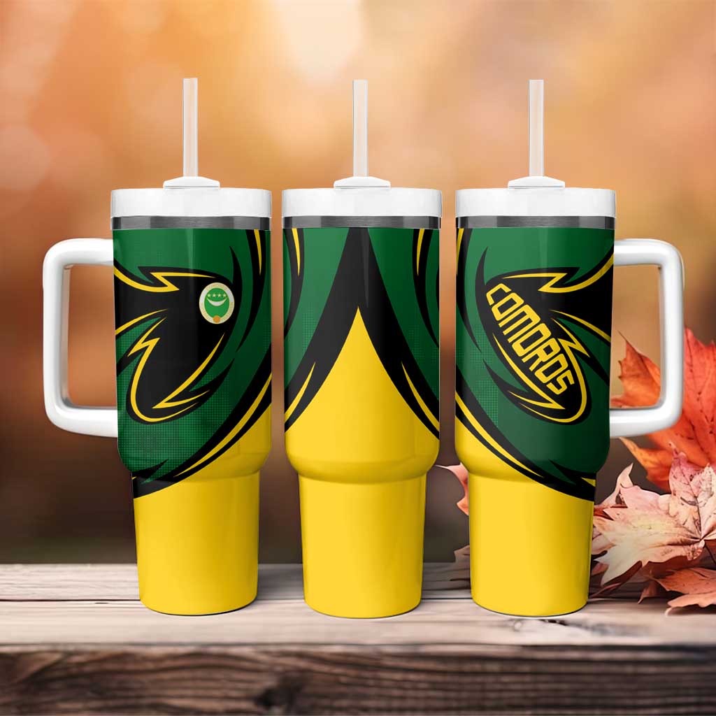 Comoros Tumbler With Handle - Green Black Yellow Swirl Design and National Emblem Pattern