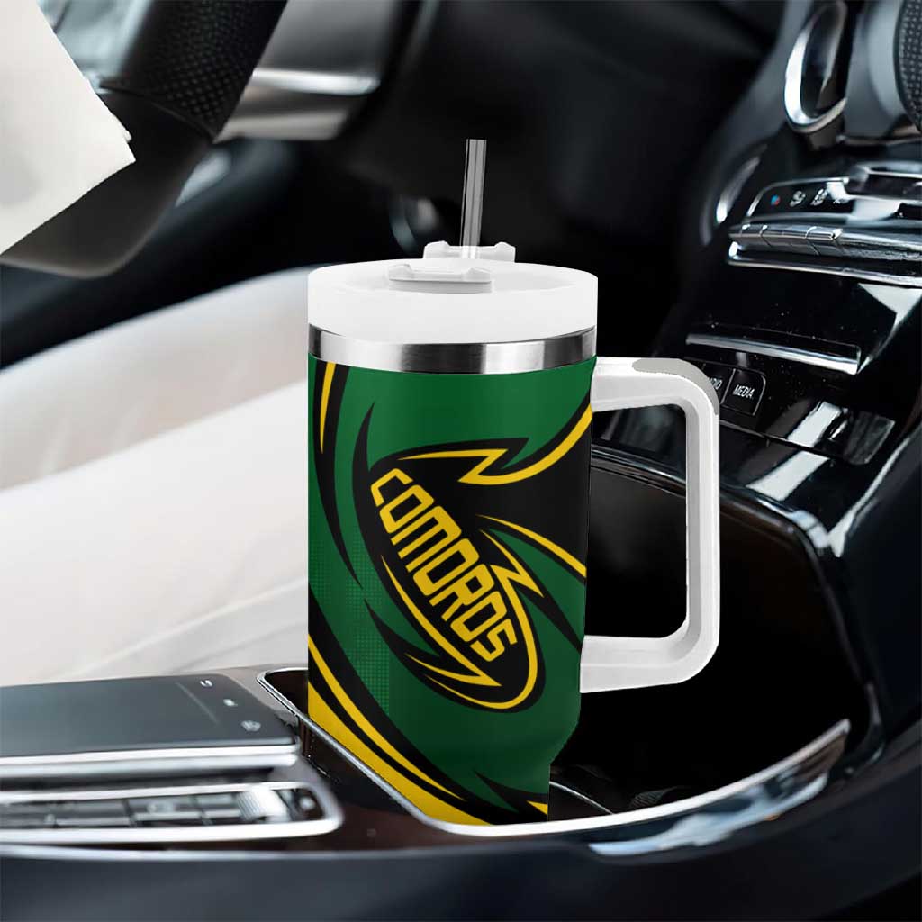 Comoros Tumbler With Handle - Green Black Yellow Swirl Design and National Emblem Pattern