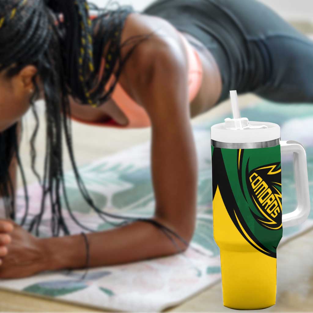 Comoros Tumbler With Handle - Green Black Yellow Swirl Design and National Emblem Pattern
