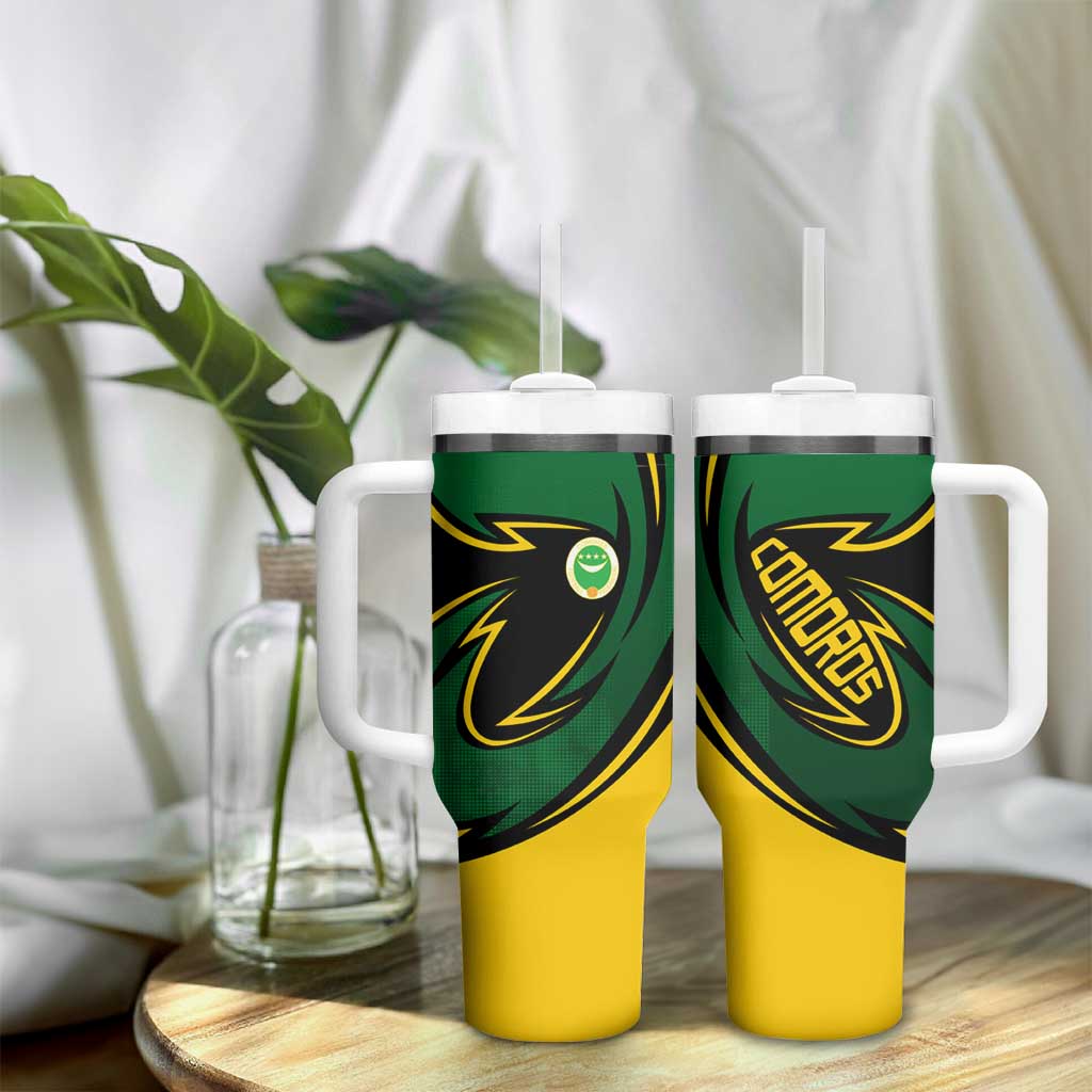 Comoros Tumbler With Handle - Green Black Yellow Swirl Design and National Emblem Pattern