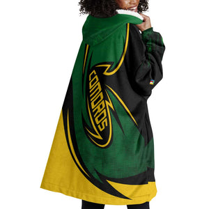 Comoros Wearable Blanket Hoodie - Green Black Yellow Swirl Design and National Emblem Pattern