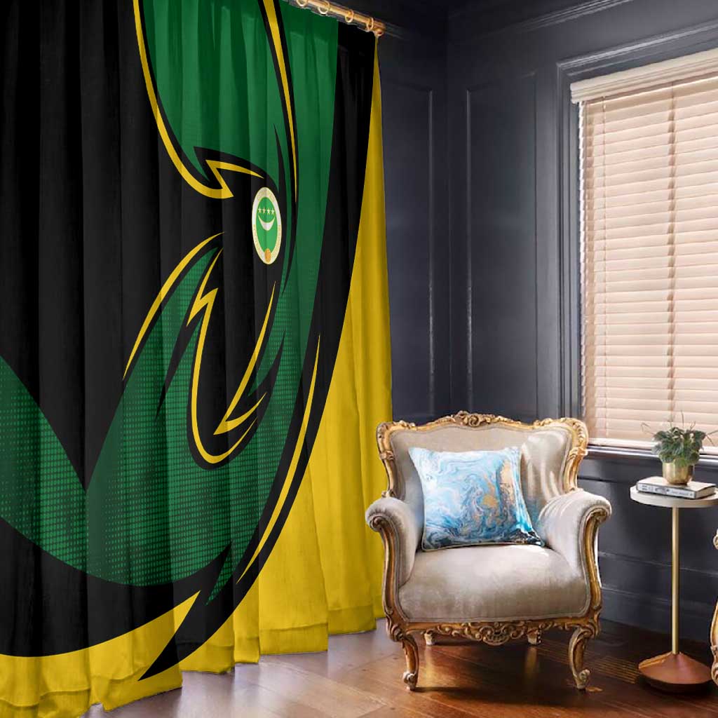 Comoros Window Curtain - Green Black Yellow Swirl Design and National Emblem Pattern
