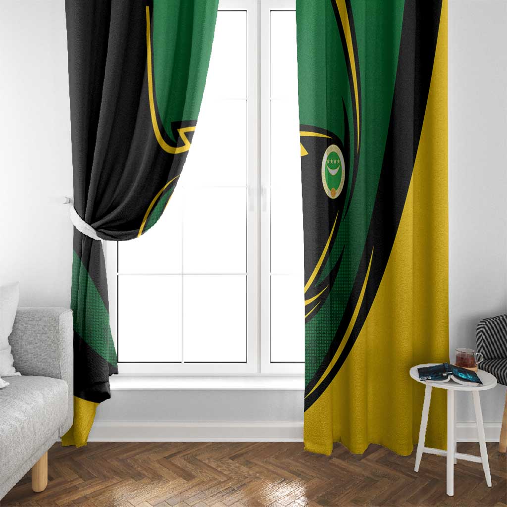 Comoros Window Curtain - Green Black Yellow Swirl Design and National Emblem Pattern