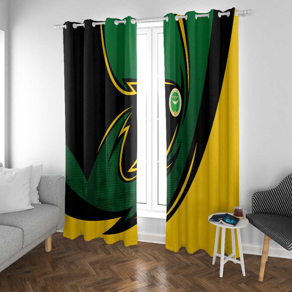 Comoros Window Curtain - Green Black Yellow Swirl Design and National Emblem Pattern