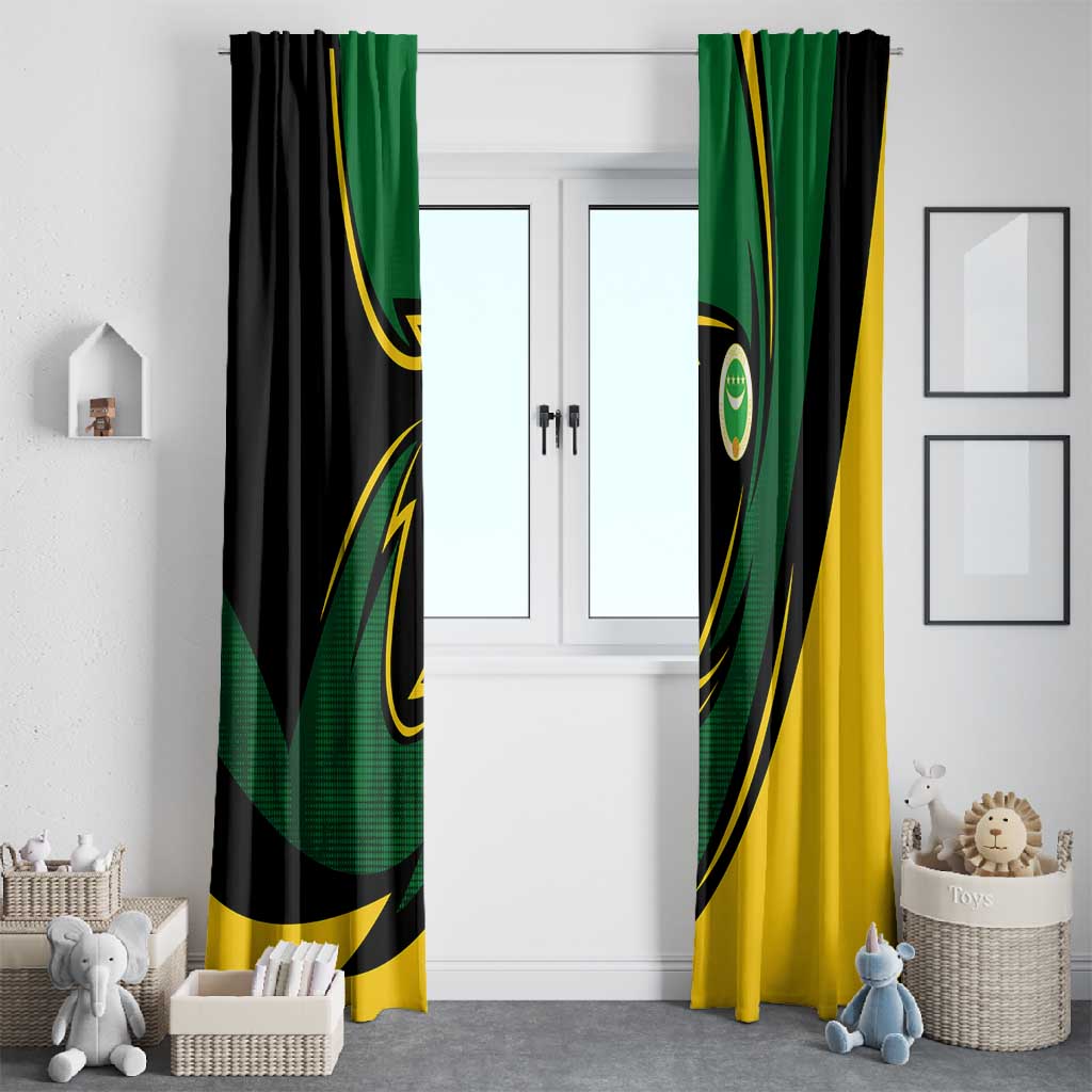 Comoros Window Curtain - Green Black Yellow Swirl Design and National Emblem Pattern