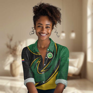 Comoros Women Casual Shirt - Green Black Yellow Swirl Design and National Emblem Pattern