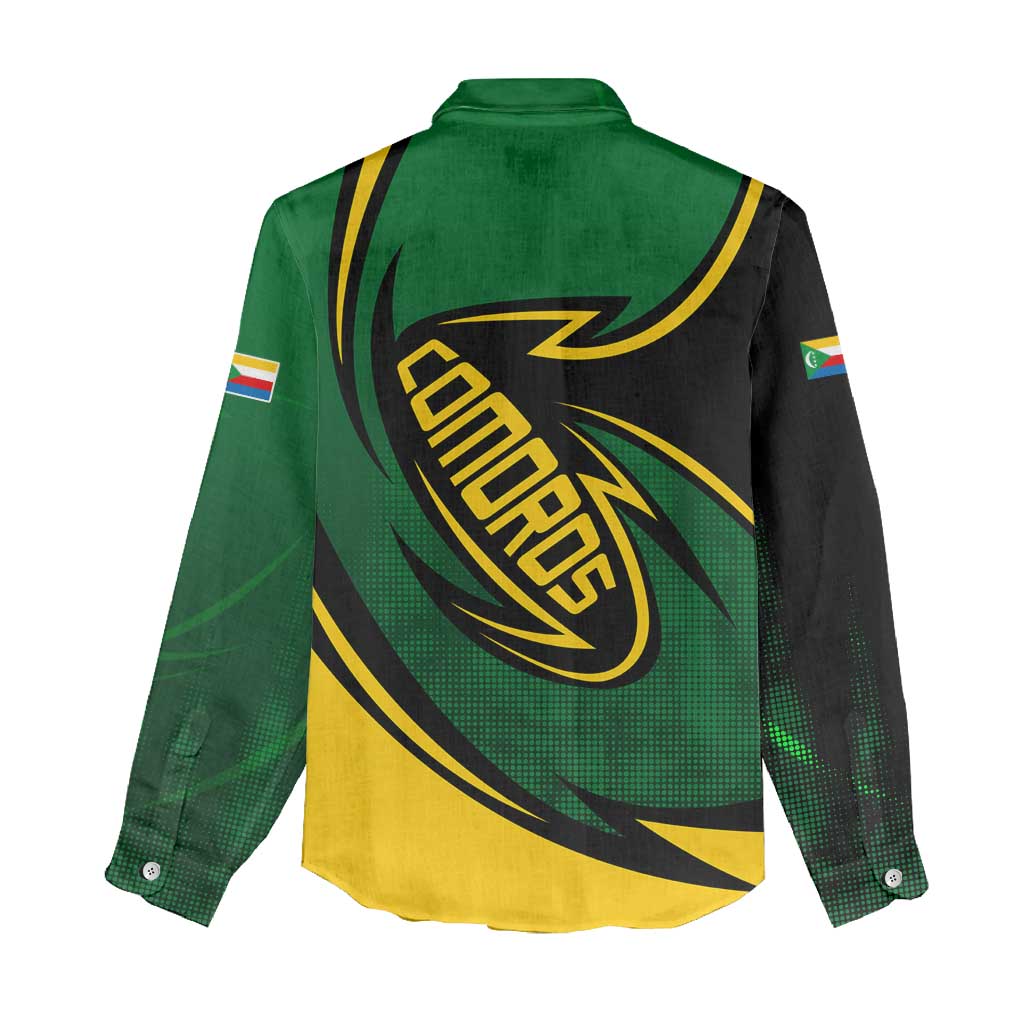 Comoros Women Casual Shirt - Green Black Yellow Swirl Design and National Emblem Pattern