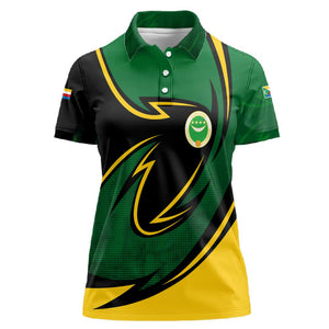 Comoros Women Polo Shirt - Green Black Yellow Swirl Design and National Emblem Pattern