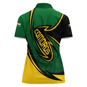 Comoros Women Polo Shirt - Green Black Yellow Swirl Design and National Emblem Pattern
