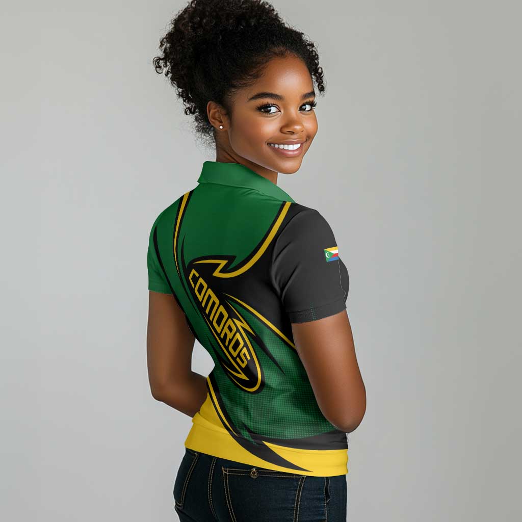 Comoros Women Polo Shirt - Green Black Yellow Swirl Design and National Emblem Pattern