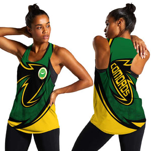 Comoros Women Racerback Tank - Green Black Yellow Swirl Design and National Emblem Pattern