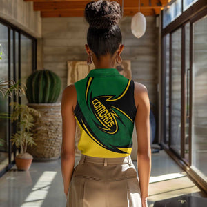 Comoros Women Sleeveless Polo Shirt - Green Black Yellow Swirl Design and National Emblem Pattern