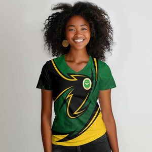 Comoros Women V-Neck T-Shirt - Green Black Yellow Swirl Design and National Emblem Pattern
