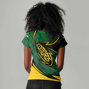 Comoros Women V-Neck T-Shirt - Green Black Yellow Swirl Design and National Emblem Pattern