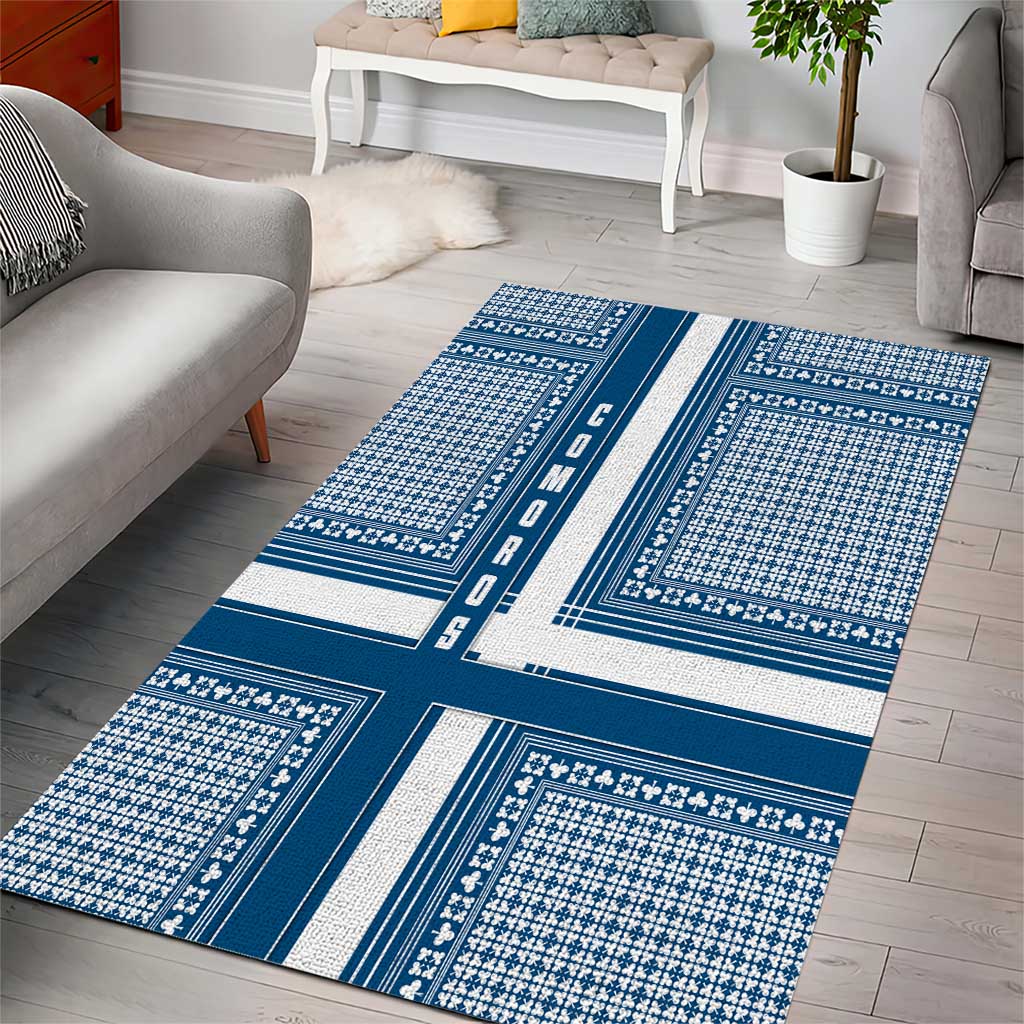 Comoros Area Rug - Blue and White Traditional Geometric Pattern and National Flag Detail
