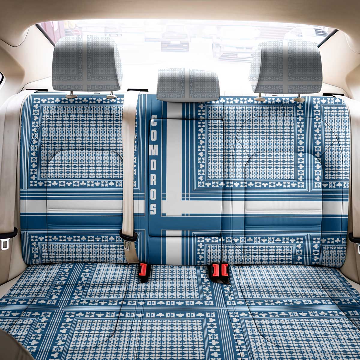 Comoros Back Car Seat Cover - Blue and White Traditional Geometric Pattern and National Flag Detail
