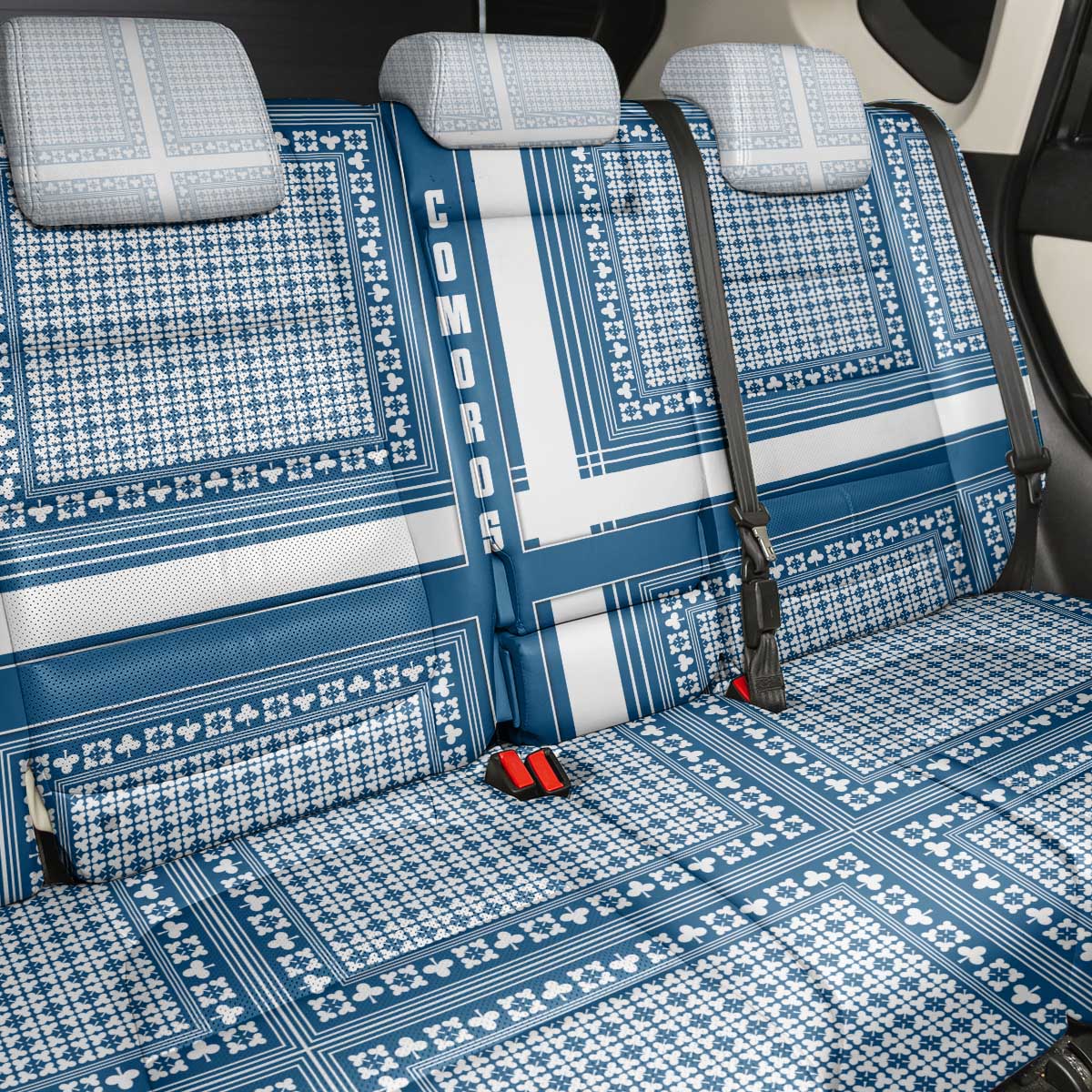 Comoros Back Car Seat Cover - Blue and White Traditional Geometric Pattern and National Flag Detail