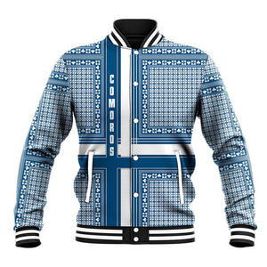 Comoros Baseball Jacket - Blue and White Traditional Geometric Pattern and National Flag Detail
