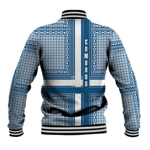 Comoros Baseball Jacket - Blue and White Traditional Geometric Pattern and National Flag Detail