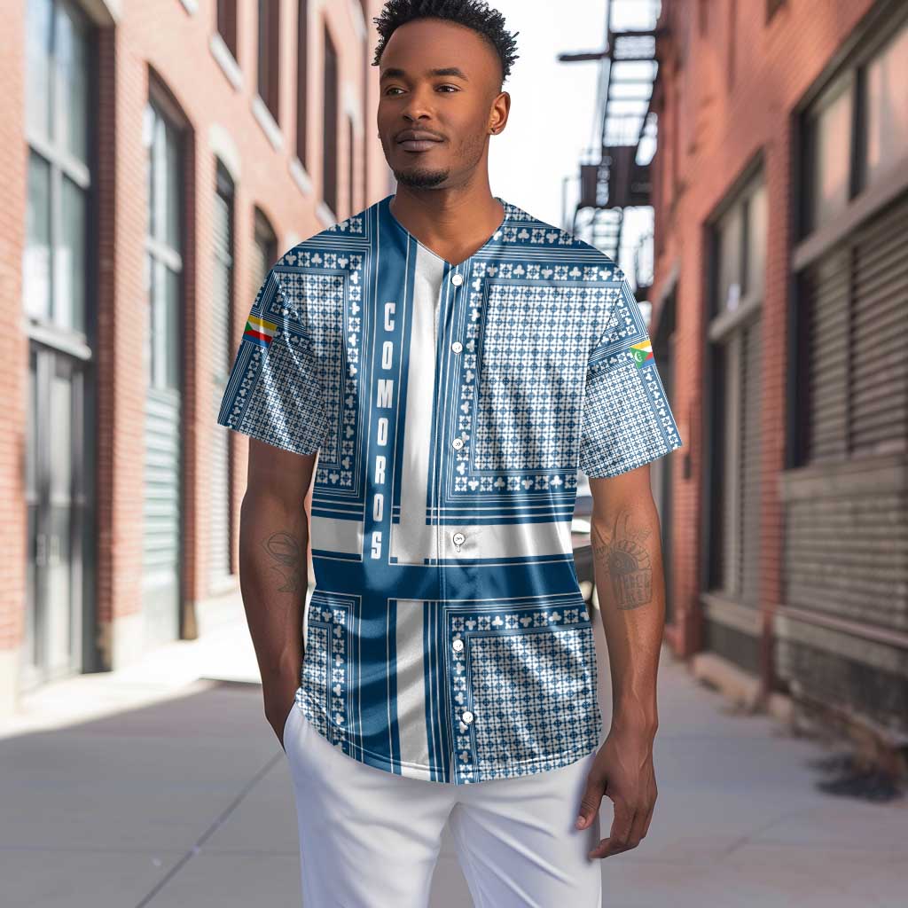 Comoros Baseball Jersey - Blue and White Traditional Geometric Pattern and National Flag Detail