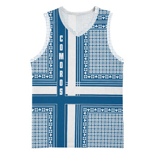 Comoros Basketball Jersey - Blue and White Traditional Geometric Pattern and National Flag Detail - African Pride