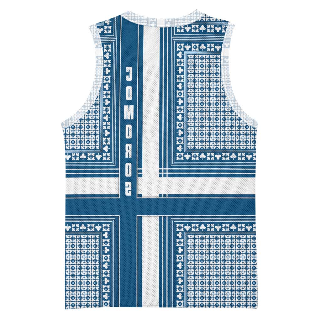 Comoros Basketball Jersey - Blue and White Traditional Geometric Pattern and National Flag Detail - African Pride