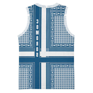 Comoros Basketball Jersey - Blue and White Traditional Geometric Pattern and National Flag Detail - African Pride