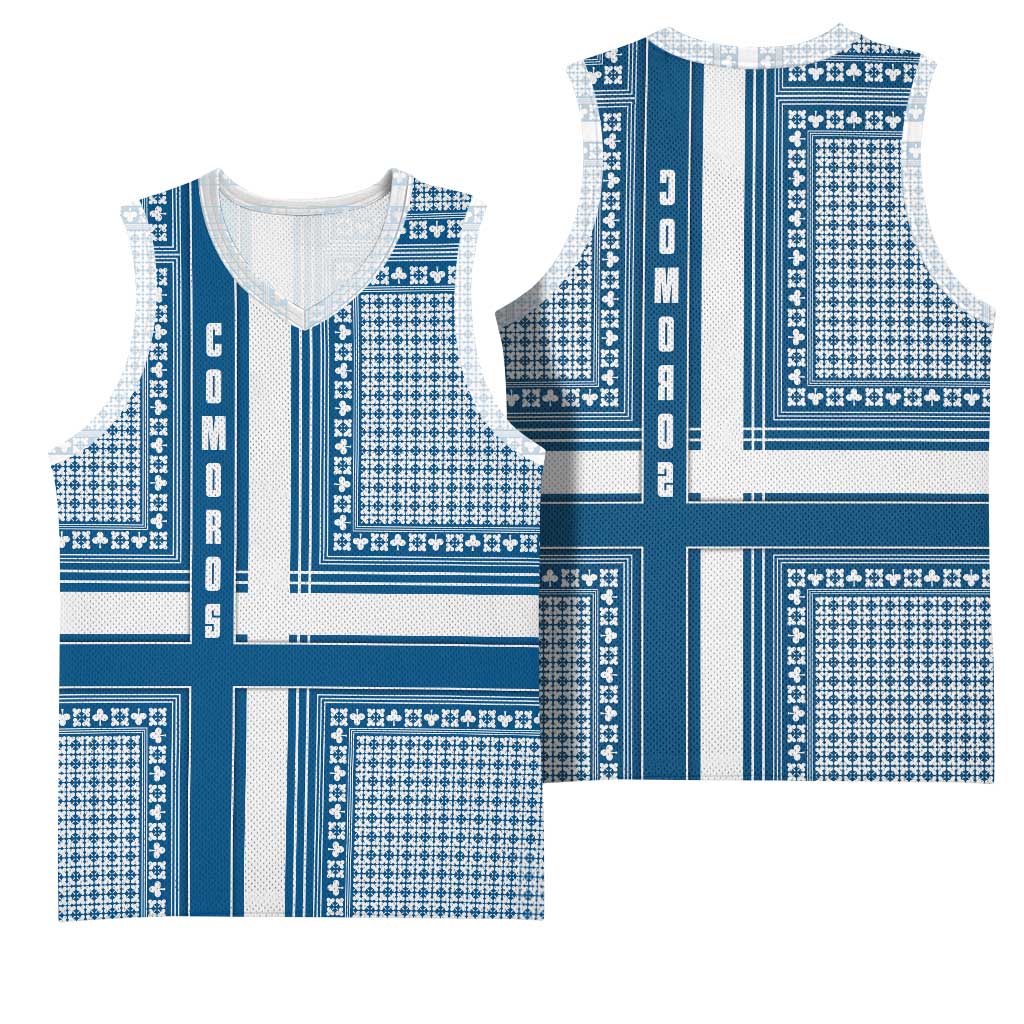Comoros Basketball Jersey - Blue and White Traditional Geometric Pattern and National Flag Detail - African Pride