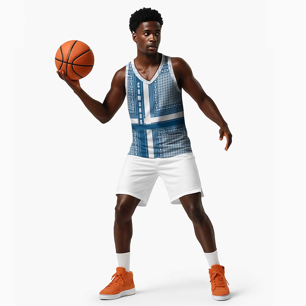 Comoros Basketball Jersey - Blue and White Traditional Geometric Pattern and National Flag Detail - African Pride