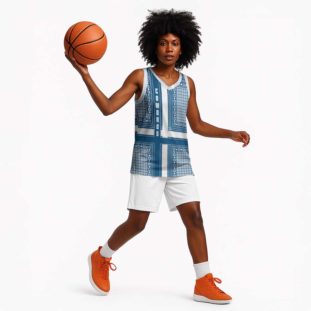 Comoros Basketball Jersey - Blue and White Traditional Geometric Pattern and National Flag Detail - African Pride